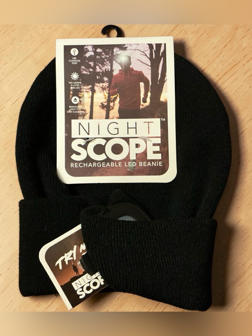 Rechargeable LED Night Scope Black Beanie - Men's Hat